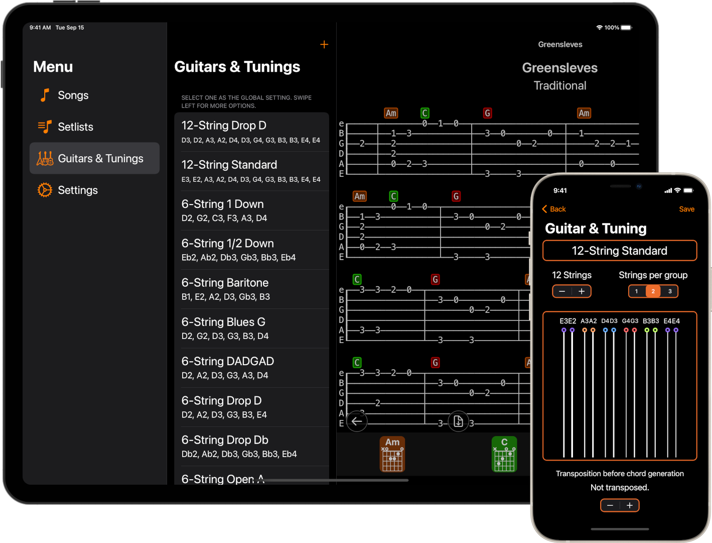 SongFolio iPad and iPhone App showing Guitar & Tunings feature